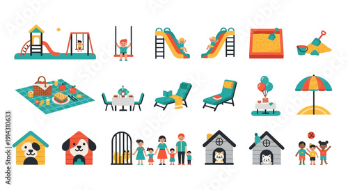 Collection of flat design icons depicting family, childhood, and leisure activities.