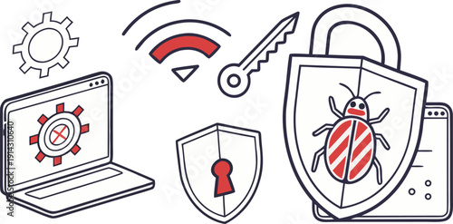 A digital security concept illustration against a clean white background. The central subject is a blue shield with a padlock icon centered on it, implying security. The shield is bordered by a darker