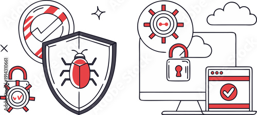 A digital security concept illustration against a clean white background. The central subject is a blue shield with a padlock icon centered on it, implying security. The shield is bordered by a darker