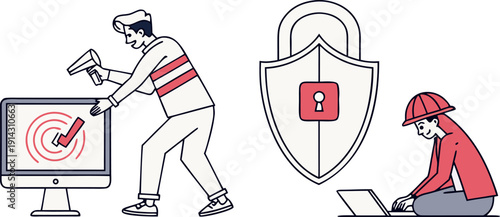 A digital security concept illustration against a clean white background. The central subject is a blue shield with a padlock icon centered on it, implying security. The shield is bordered by a darker