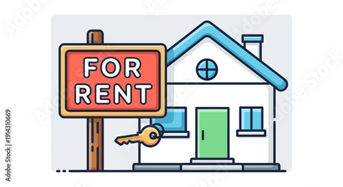 Illustration of a house with a 'For Rent' sign and a key.