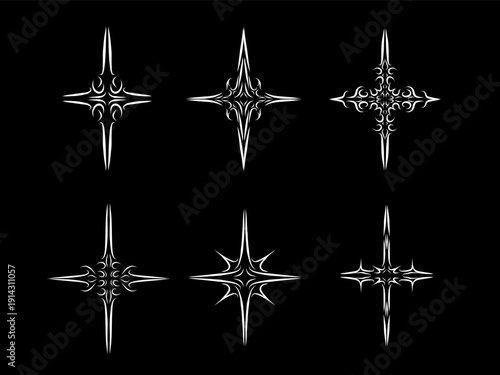 set of cross cyber sigil ornamental, abstract, thorn symmetrical lines style. vector format for mystical symbol, tattoo flash and dark branding elements