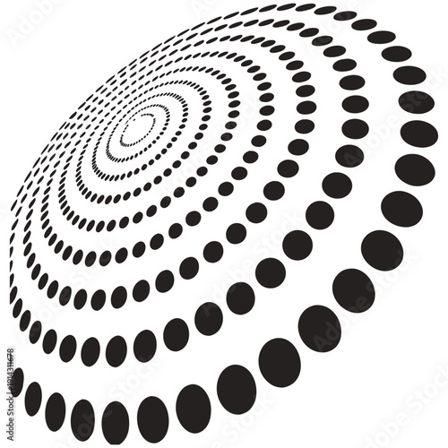 A dynamic, abstract design composed of concentric circles formed by small, solid black dots against a stark white background. The circles increase in diameter from the center outwards, creating a sens