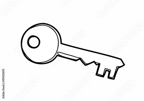 Isolated illustration of a simple key with a circular bow and a notched bit, a versatile symbol for access, security, and solutions