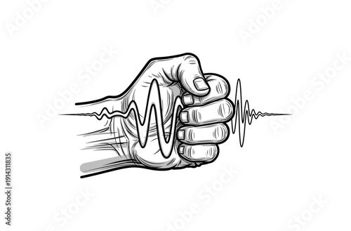 Dynamic fist with sound wave in black and white hand-drawn style