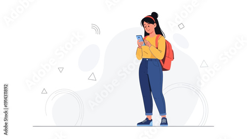 Young Woman Using Smartphone with Backpack, Casual Style, Modern Flat Illustration