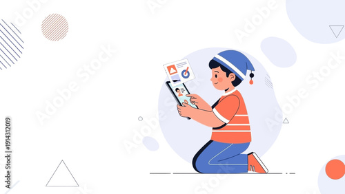 Child Learning Online with Tablet, Digital Education and Childhood Technology