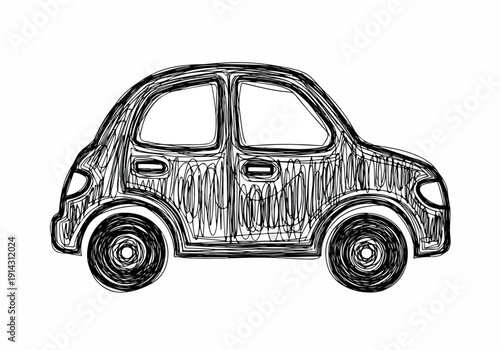 Simple hand-drawn sketch of a compact car with a scribbled texture, depicting a basic vehicle outline