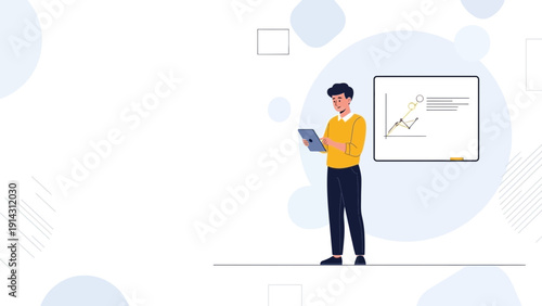 Man with tablet in front of whiteboard with graph, business presentation