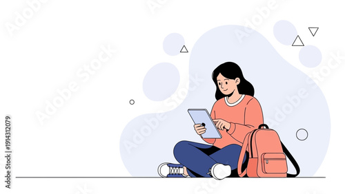 Young woman with tablet and backpack, studying or working remotely, flat illustration