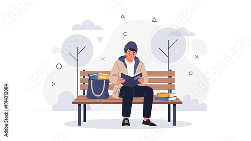Man Reading Book on Park Bench
