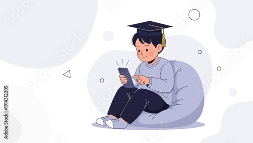Young student in graduation cap learns online on tablet, sitting on bean bag chair.