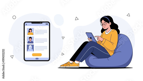 Young Woman Using Tablet, Video Call Interface on Phone Screen, Online Communication