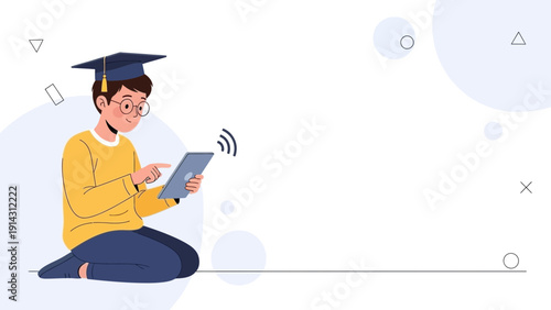 Student with Graduation Cap Using Tablet for Online Learning, Digital Education Concept