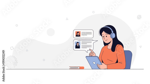 Customer service agent with headset and laptop, online communication, chat bubbles