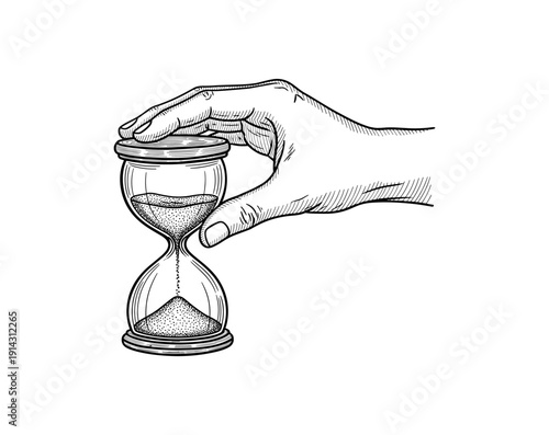 Detailed hand holding hourglass with flowing sand in vintage style