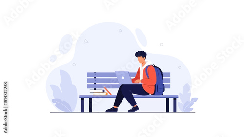 Student studying on a bench with a laptop and books, outdoor digital education