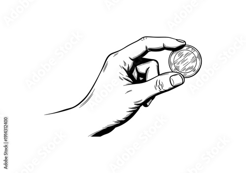 Hand holding coin in detailed sketch style on white background