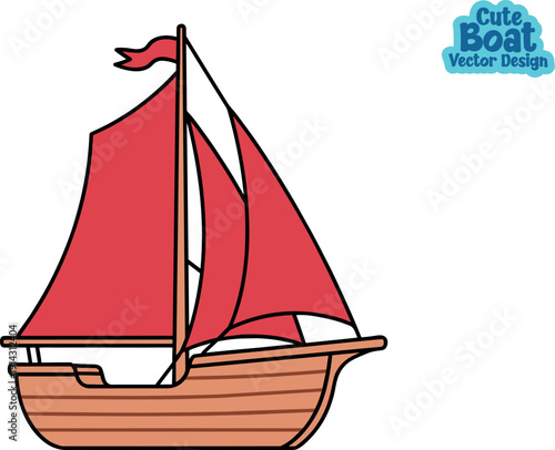 Cute brown wood ship, large red sails, pirate vessel style, vintage nautical art, ocean travel history, wooden deck boat, historic ship icon, maritime adventure, flat sailboat, sailing ship vector.
