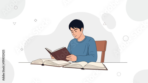 Young man reading books at a desk, studying, education, knowledge, learning, wisdom