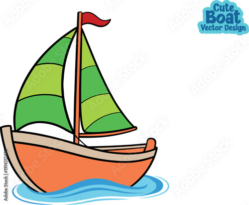 Orange hull boat, green striped sails, blue water base, summer sailing art, cute maritime vessel, colorful nautical icon, flat design ocean, travel adventure, bright boat graphic, toy boat vector.