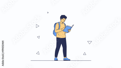 Student Reading Book with Backpack, Education and Knowledge Concept