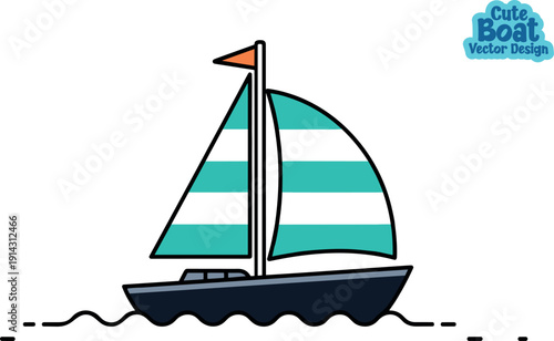 Dark blue sloop, teal striped sails, orange flag mast, minimalist ocean, sleek vessel design, modern nautical art, maritime sports, sailing boat icon, clean line graphic, sea travel theme vector.