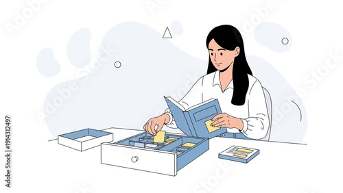 Woman organizing notes and book on desk, planning and studying concept