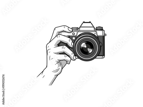 Hand holding vintage camera with a realistic detailed design on white background