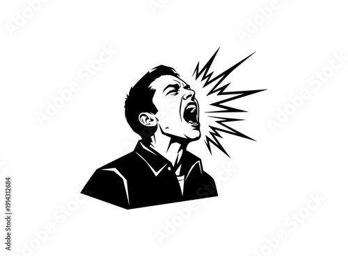 Dynamic silhouette of shouting man with vibrant sound lines