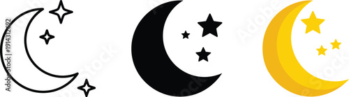 Half Moon and Crescent Icon Set, Night Sky Symbols with Stars, Astronomy and Celestial Vector Icons