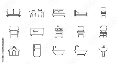 Architectural Floor Plan Furniture Symbols | Thin Outline Top View Interior Design Icon Pack