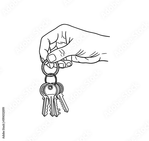 Hand holding keyring with multiple keys in linear style