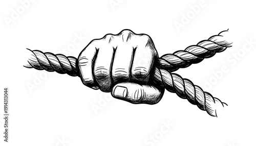 Strong hand gripping rope in vintage style for strength and perseverance themes