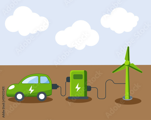 Electric Vehicle Charging With Wind Turbine — Renewable Energy Eco Transport And Green Power Infrastructure Concept