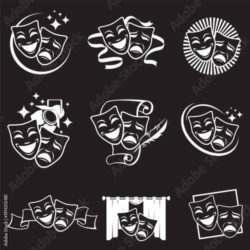 collection of comedy and tragedy theatrical masks isolated on black background
