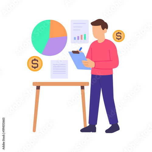 Planning Budget, allocating financial resources for project, Flat vector character illustration