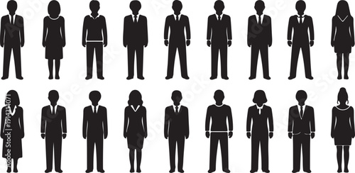 A diverse group of people standing in a line with various outfits and accessories