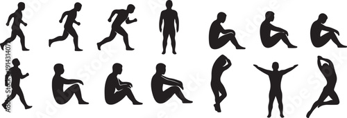 Diverse silhouettes of people engaged in various physical activities and exercises.