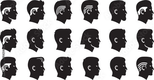 A collection of diverse hairstyles depicted in black and white silhouettes