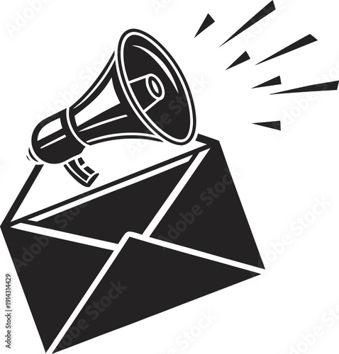 A graphic design featuring a stylized black icon of an envelope with a megaphone positioned atop. The envelope is depicted open, with the flap slightly lifted, giving a sense of it being delivered or 