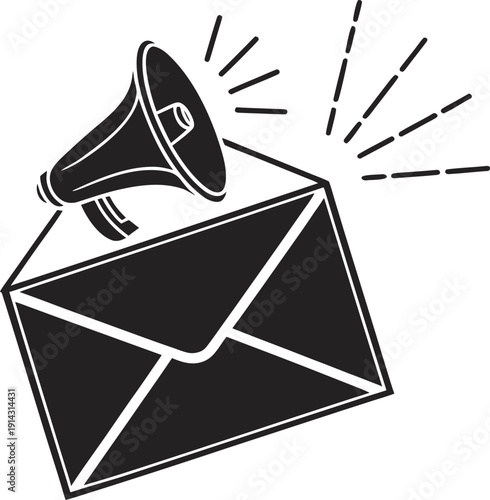 A graphic design featuring a stylized black icon of an envelope with a megaphone positioned atop. The envelope is depicted open, with the flap slightly lifted, giving a sense of it being delivered or 