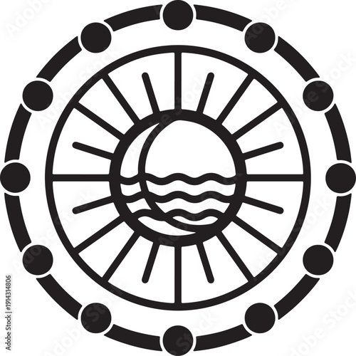 Black circular emblem with sun rays moon crescent and wavy water lines also transparent background