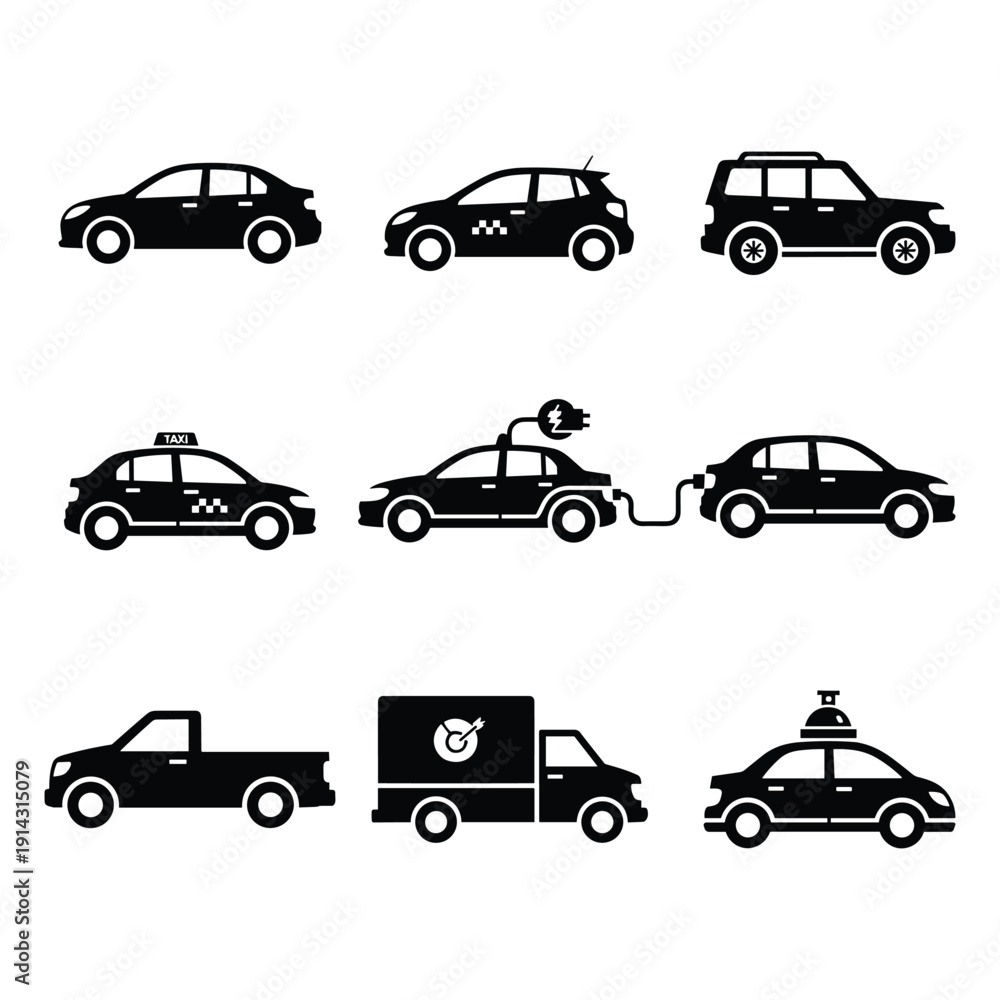 Fototapeta premium Modern vehicles on the road including taxi, electric and delivery trucks