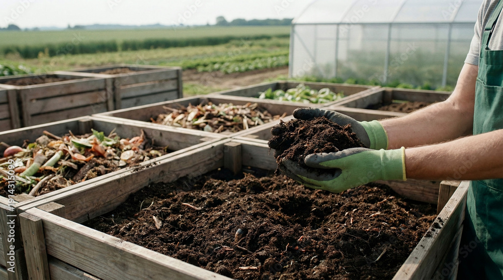 Fototapeta premium Farmer holding rich compost soil in hands, checking its quality in a garden composting system