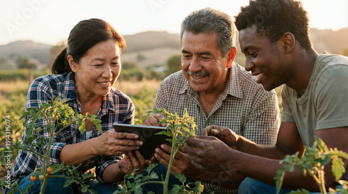 Diverse farmers collaborating using a tablet in a sunlit field, discussing crops