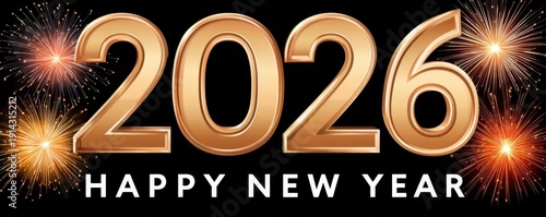 Happy 2026 New Year celebration with golden numbers and fireworks on a dark background