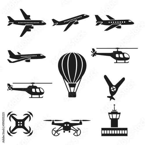 Various air travel vehicles and aircraft in black silhouette