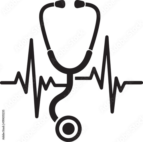 Black stethoscope superimposed over a black electrocardiogram heartbeat line on a white background also transparent background