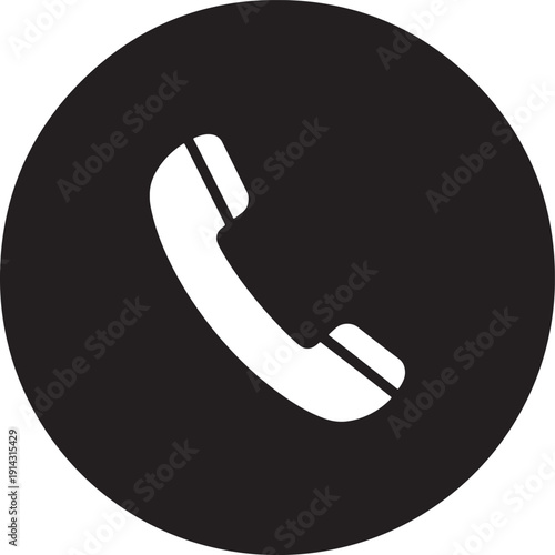 White telephone handset on a solid black circular background also transparent background symbol communication